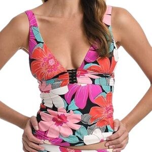 La Blanca Floral Plunge Knot Detail Tankini Top Pink Multicolored Size 4